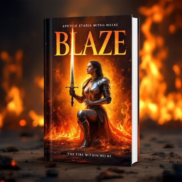 A dramatic scene with flames engulfing the background, with hues of orange, red, and yellow creating an intense and dynamic visual effect. At the center, a strong female prayer warrior depicted kneeling with one knee on the ground in full metallic armor, holding a sword upright with both hands. Her head is slightly bowed in prayer, while a faint glowing aura surrounds her, emphasizing her spiritual fervor. The fire appears to move behind her, symbolizing both destruction and divine empowerment.