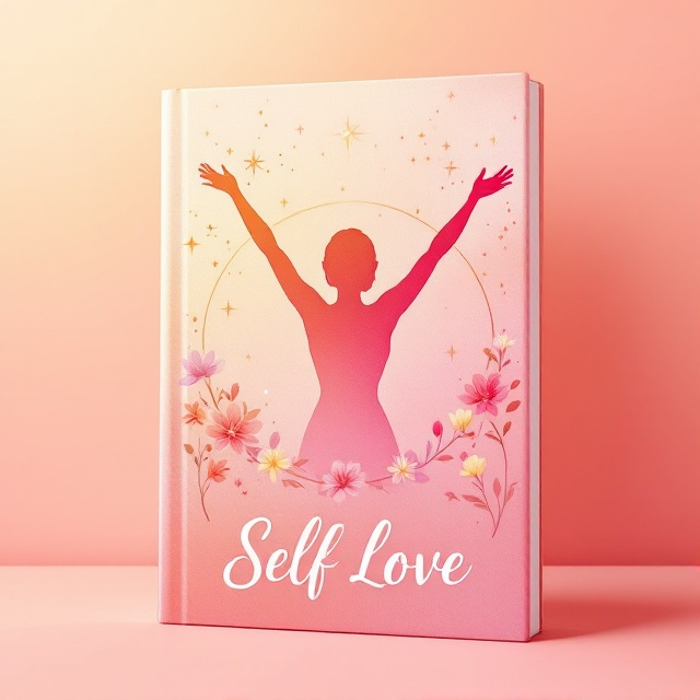 A vibrant gradient background transitioning from soft peach to a cheerful pink with subtle golden accents. The silhouette of a woman with her arms outstretched upward, surrounded by blooming flowers and small radiant sparkles, alluding to growth and self-love. The flowers intermingle with cursive line art forming a circular motif around the silhouette, symbolizing completeness.