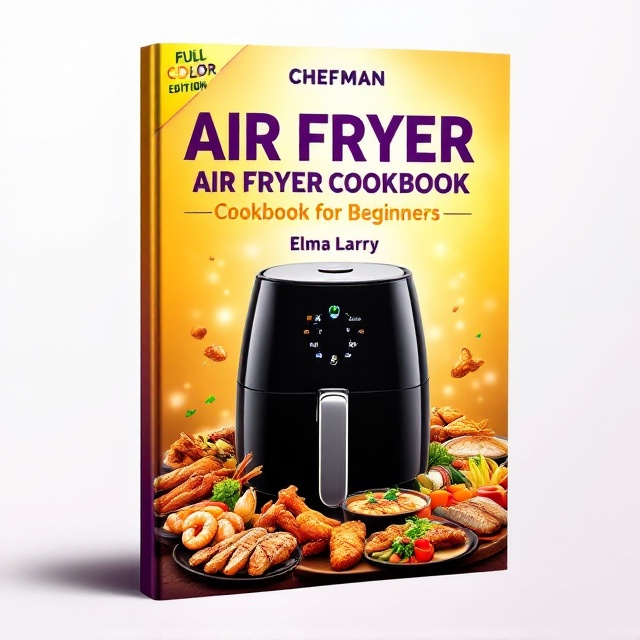 Front and center, a sleek Chefman air fryer is displayed. Surrounding it is a vibrant collage of mouthwatering dishes including golden-brown chicken wings, sautéed shrimp, roasted vegetables, and grilled fish, spread in an inviting circular pattern around the air fryer. The background alternates between soft yellow and radiant purple gradients that evoke warmth and appetite. A "Full Color Edition" badge with a bold, professional icon is placed diagonally near the top right corner.