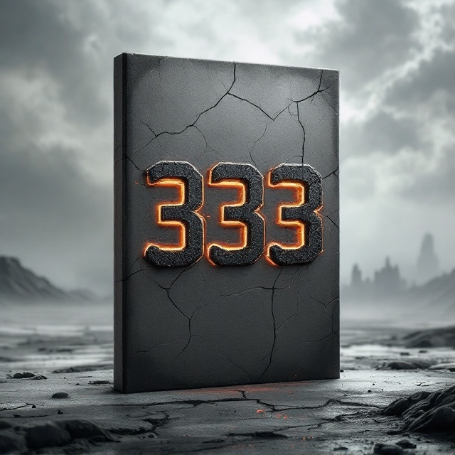 A minimalist design featuring a large, cracked number "333" in bold, eroded type across the middle of the page. The background is a desolate, ash-gray landscape with subtle storm clouds swirling above. The faint outlines of a crumbling futuristic city fade into the horizon. The cracks in the number "333" subtly glow with a dim red-orange ember-like effect, evoking a sense of decay and unease. A slight gradient of darkness creeps into the edges, framing the ominous central focus.