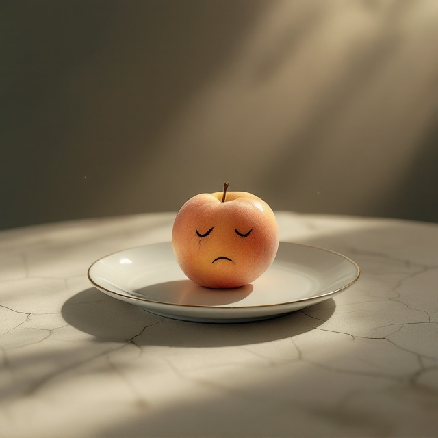 A sad, lone peach sits on a cracked porcelain plate, centered against a faded, vintage-style tablecloth background. The plate is surrounded by soft, diffused lighting to create a melancholy and nostalgic mood. Subtle, barely-visible tears stream down the peach, adding a surreal, emotional touch. Shadows are elongated for a moody effect.