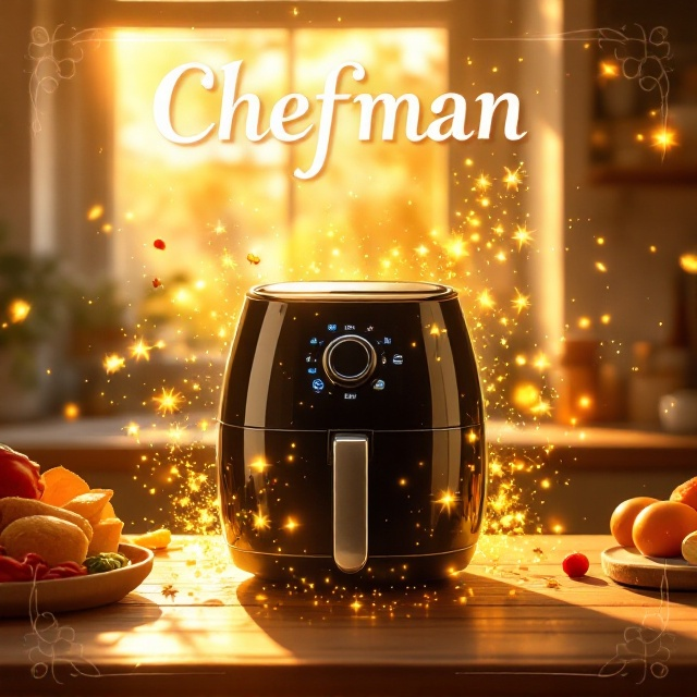 A whimsical air fryer with golden, magical sparkles swirling around it, hovering above a wooden kitchen counter bathed in warm sunlight. In the background, a faint silhouette of a fantastical cookbook floats magically, with illustrations of food ingredients scattering out into the air. The scene is framed by stylized, fantasy-inspired scroll-like borders, enhanced with glowing edges, giving a mystical feel.