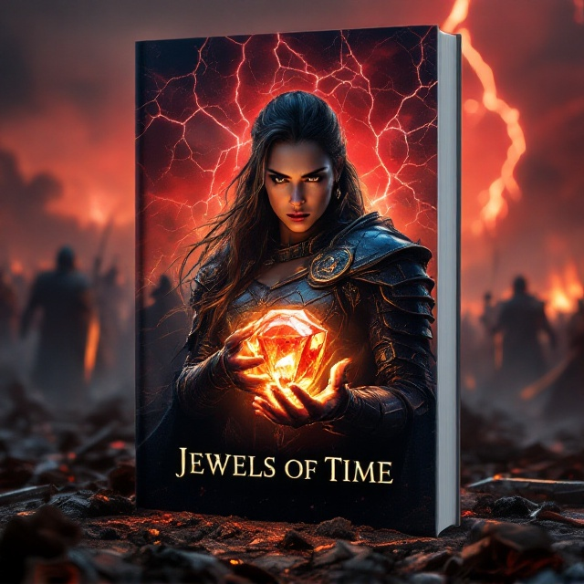 A fierce, armored woman with a determined expression, holding a glowing gemstone in one hand that radiates an otherworldly light. She's on a battlefield littered with broken weapons and scattered remains, with a blood-red sky cracked with lightning in the background. The edges of the composition are shrouded in a fading mist, partially obscuring distant medieval warriors clashing in the distance.