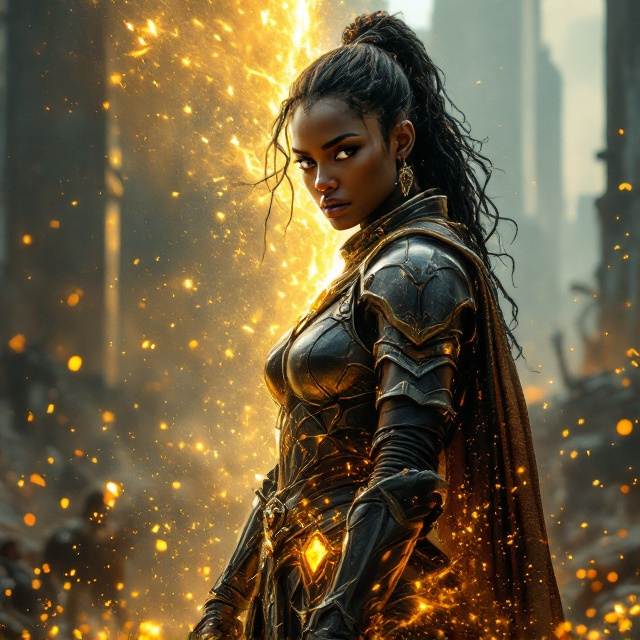 A powerful black woman warrior dressed in a mix of modern and ancient armor stands at the edge of a battlefield with golden sparks swirling around her. The background fluctuates between a futuristic cityscape and an ancient war-torn setting, split diagonally to imply time travel. At her side, glowing with a mysterious light, is a yellow jewel surrounded by a faint aura of power. Her expression is intense and serious, while the edges of her form appear slightly blurred, symbolizing the merging of timelines.