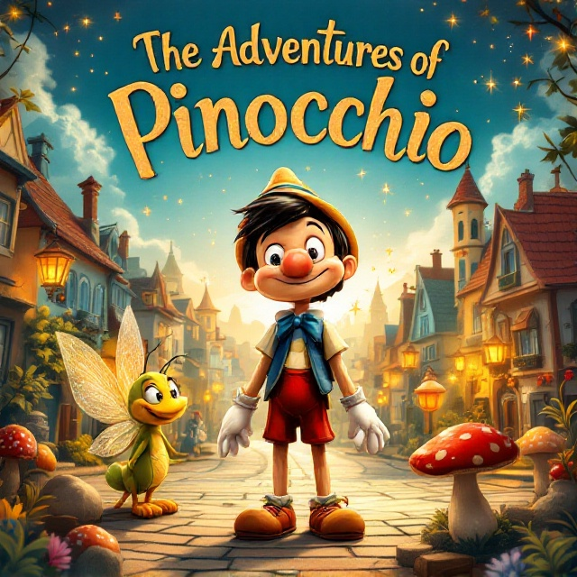 standing book mockup, Its title is "The Adventures of Pinocchio".  Pinocchio stands at a whimsical crossroads in the foreground, holding his exaggerated wooden nose in amusement. The fairy floats nearby, radiating with golden sparkles, while the talking cricket perches on a mushroom beside him. Behind them lies a detailed, lively town with colorful rooftops, lanterns, and cobbled streets that seem almost alive with movement. The sky transitions into a soft blue, speckled with scattered clouds, creating an adventurous yet dreamy atmosphere. A whimsical, hand-drawn serif font for the book title, incorporating subtle wooden textures to echo Pinocchio’s theme. The letters are slightly uneven, adding a playful look, and are warmly colored with shades of gold and soft brown. Subtle sparkles wrap around the edges of the font, tying into the fairy’s magical presence., Pinocchio is centered, with the fairy and the cricket positioned dynamically around him, creating a triangular composition that draws the eye. The book title curves gently across the top of the cover, leaving space for a detailed scene below. The soft blue sky provides ample room for the playful font to contrast. The background town fades slightly towards the edges, keeping the focus on Pinocchio. The area where the author's name typically appears should be left completely blank, with no text or placeholder.
