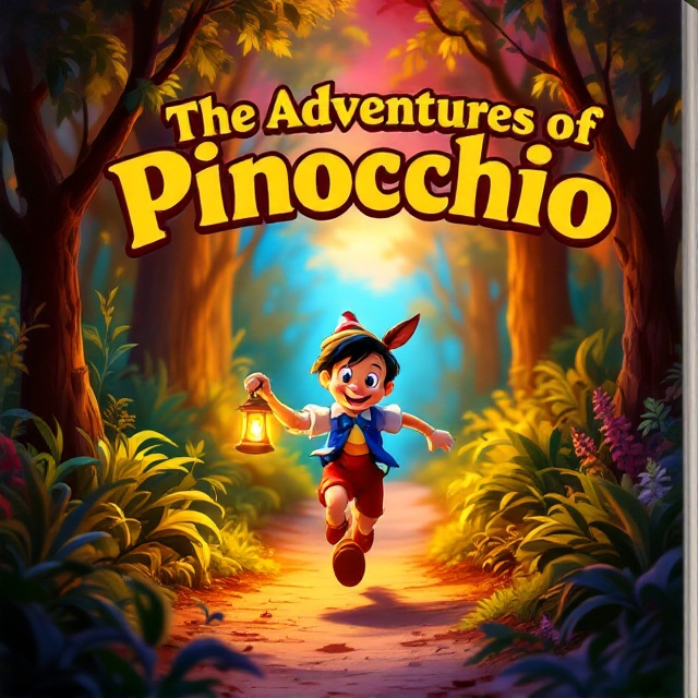 A vibrant scene of Pinocchio running through a lively forest with a playful yet mischievous expression. The background shows a trail leading deeper into the woods, featuring colorful trees and plants in bold greens and yellows. Pinocchio has a wooden tail and donkey ears subtly forming, while holding a lantern glowing in warm yellows. The sky above transitions from red-orange at the edges to a soft blue, giving the setting an adventurous and magical feel. Contrasting shadows under Pinocchio and in the forest add depth to the scene.