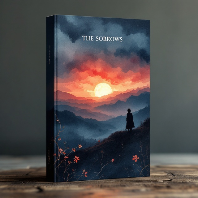 A melancholic figure, silhouetted and slightly blurred, gazing into the distance on a hilltop during sunset. The backdrop showcases dramatic watercolor-style brush strokes, blending deep blue, crimson, and charcoal grey to symbolize passion and inner turmoil. The horizon fades into a soft, glowing amber, surrounded by hints of deepening night. Fainting tendrils of gothic floral patterns curl into the edges, suggesting a poetic ambiance.