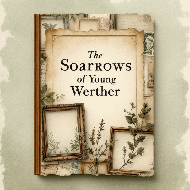 A vintage sepia-toned background featuring old, slightly tattered photo frames arranged in a layered and overlapping style. Inside the frames, faded botanical prints peek out softly, framed by delicate vintage postage stamps with hand-drawn postmarks to evoke a sense of timeless correspondence. A muted green watercolor wash is subtly blended into the background, fading toward the edges, creating a misty, wistful effect.