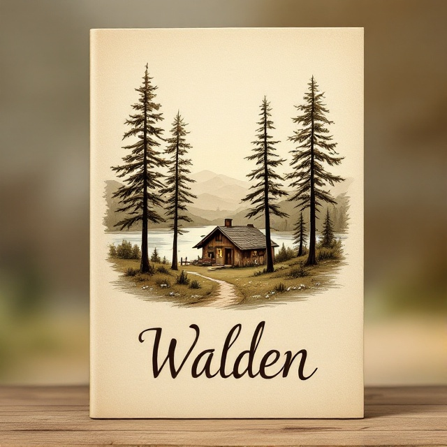 A hand-drawn 19th-century-style illustration of a serene lake scene serves as the focal point. In the foreground, there is a small, rustic cabin nestled among classic tall trees, with soft shading to evoke a timeless and nostalgic ambiance. The background fades outward into gently rolling hills and a vast natural landscape. The entire design embraces sepia tones, soft earthy browns, and muted greens to create a naturalistic palette. Subtle texture across the image mimics aged parchment.