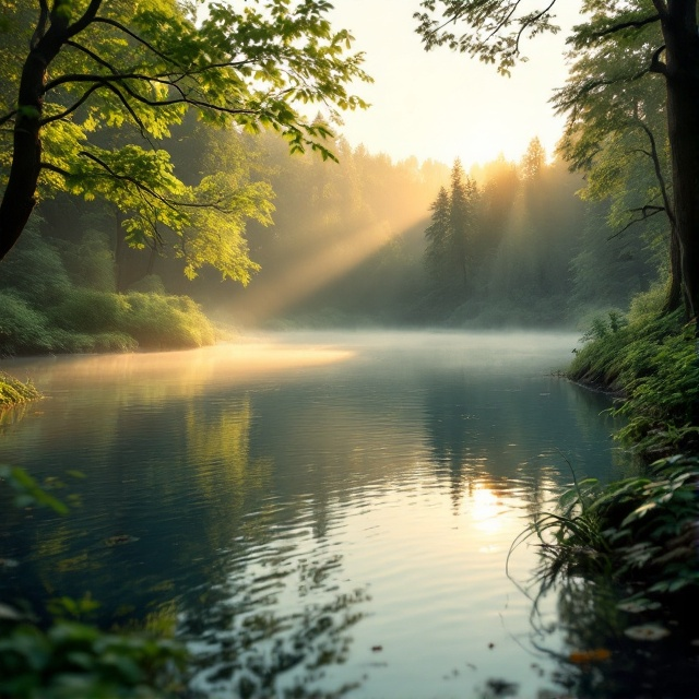 A serene, high-quality photograph of Walden Pond during either sunrise or sunset, with soft light streaming through trees. The foreground includes lush greenery and gentle ripples in the water reflecting realistic colors — greens, blues, and hints of warm brown tones. The image is framed with subtle atmospheric gradients on the top and bottom edges, blending seamlessly into the background to offer a tranquil feel.
