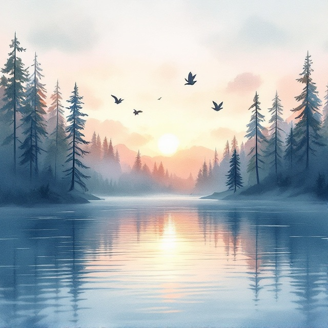 A soft focus centerpiece of a serene watercolor-rendered lake, bordered by light, impressionistic wisps of tall woods that fade into the edges of the cover. The lake features subtle ripples reflecting a pastel-rendered sky with hints of peach and lavender during sunset. Faint silhouettes of tranquil birds in flight are in the background.