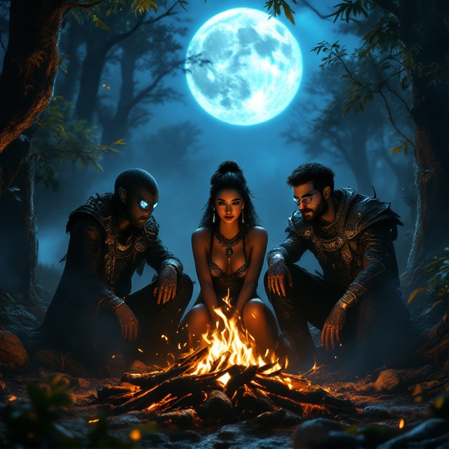 The cover features a dark, misty forest under the light of a glowing bluish-white full moon. At the center, three figures are sitting around a crackling fire. On the right, a man in an intricate alien costume with sclera lenses that glow faintly in the moonlight casts an eerie shadow. In the middle, a woman in a sultry, detailed Mayan princess outfit, her jewelry reflecting the firelight, sits confidently, her gaze cool and enigmatic. On the left, a man dressed as a chaotic but stylish mad scientist has wild energy, slouched slightly with an intense smirk. The flames from the fire subtly blend into faint shapes that hint at danger, adding layers of suspense. The background trees and shadows almost fade into mystery with faint humanoid and unearthly shapes peeking in the darkness behind the three figures.