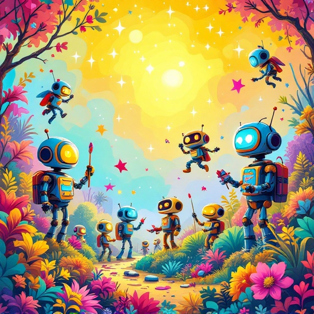 A vibrant scene of whimsical robots in various shapes and sizes, set in a lush, fantastical world with a glowing, iridescent sky. The robots are depicted mid-action, some flying with jet packs, others painting or building. Bright, joyful colors like yellow, teal, and pink dominate the design, with fine, intricate details that captivate a child’s attention. The title is nestled in the upper half of the cover, surrounded by playful geometric outlines and stars.
