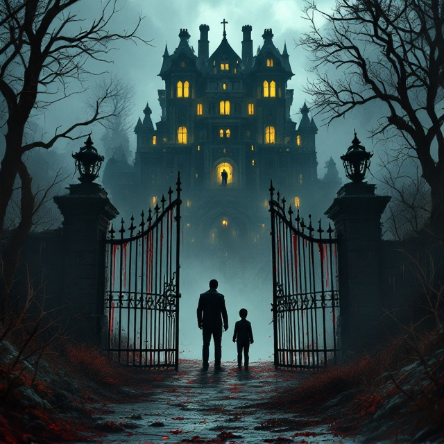 A pitch-black background with a foggy mountainous terrain highlighting a sinister, imposing mansion perched atop. The mansion’s windows faintly glow with an eerie yellow light, giving an illusion of life inside. Jagged iron gates dominate the foreground, rusted and twisted, with the three shadowy figures standing outside the gates. The tall man, his fiancé, and the boy are depicted through shadowy silhouettes shrouded in mist. An elderly man stands within the inner gates of the mansion with a faint ghostly glare on him. Dry, overgrown grass and barren, claw-like tree branches frame the horrifying scene. Subtle streaks of dripping "rain" run along the edges of the cover, blending into the fog to amplify the eeriness.