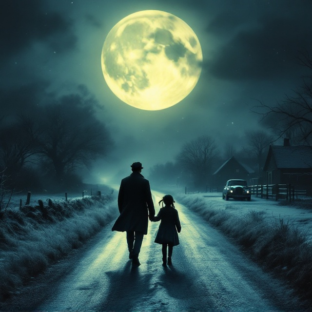 standing book mockup, Its title is "Dauntless". Its author name is Barry Leach.  The cover depicts a dimly lit country road leading into the distance under a moody, twilight sky dominated by a large, luminous bright full moon. To the left and right of the road, snow-dusted verges shimmer in the moonlight. Centered in the lower part of the cover, a man in a dark working-class cap and overcoat walks hand in hand with a ten-year-old girl with pigtails. Their backs are turned toward the viewer, suggesting a story of mystery and escape. In the background to the right side of the road, just far enough to be slightly indistinct, a 1930s UK car is parked in a shadowy farmyard. Its silhouette is understated with no headlights visible. Gentle textures suggest crisp cold air, enhancing the scene's deeply atmospheric and suspenseful mood. The title "Dauntless" is presented in bold, serif font with subtle distressed textures for a vintage look. The font is slightly sharp-edged to give a sense of tension. Ice-blue coloring, with a faint silver glow, echoes the moonlit scene. The author’s name, "Barry Leach," is in a smaller, clean sans-serif font, placed below the title to maintain a balanced aesthetic. The placement of the text elegantly floats above the man and girl while still being distinct yet unobtrusive., - The cover elements are tightly centered. - At the top third of the cover is the title, "Dauntless." - Below the title, taking up the middle ground, is the scenic art of the man and the girl walking down the road. - There’s muted shading at the edges of the cover to convey darkness closing in. - The author’s name sits near the bottom, aligned centrally, stacked neatly between the central illustration and the edge. - No bold additional elements or decorative accents distract from the primary theme.