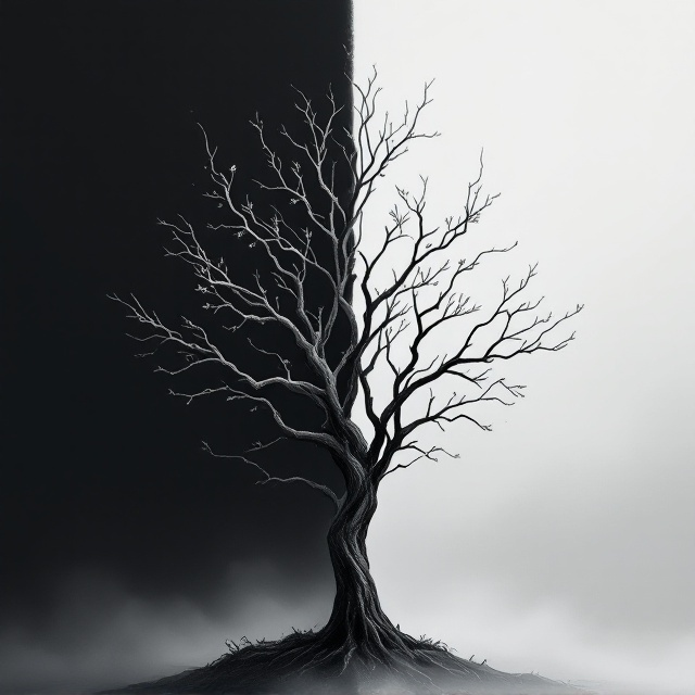 A barren tree with twisted branches stands at the center, splitting the cover vertically into two distinct halves. One side fades into a stark white background with soft, radiant light emanating beyond the tree, while the other is enveloped in deep black, with faint shadows creeping outward. The tree itself appears weathered and almost skeletal, with its branches on the white side featuring small, budding leaves, and on the black side, jagged thorns. The division feels sharp, clearly delineating the "good" and "evil" sides. Subtle mist swirls at the base of the tree, merging with an indistinct horizon.