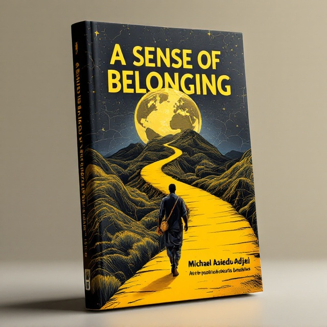 The cover features an animated drawing of a man walking along a hilly, textured pathway that merges the outlines of the African and European continents. The pathway is golden yellow, symbolizing a journey filled with hope and discovery. The African and European globes are intertwined, forming a seamless map merger in the background, with bold black accents denoting roads and borders. The man is depicted wearing traditional Ghanaian attire with a small bag slung over his shoulder, emphasizing his cultural roots. Subtle patterns inspired by African textile designs are blended into the background to add depth and texture.