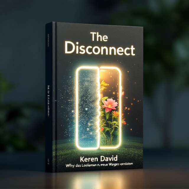 A softly glowing, bisected smartphone dominates the center of the cover. Each half of the phone reveals contrasting visuals one side with fading digital elements like pixels dispersing, and the other side blooming with a vibrant plant or flower to symbolize growth and renewal. The background transitions seamlessly from an urban skyline on the left to a serene park setting on the right. This gradual transformation highlights the balance and transition between technology and nature. At the bottom, subtle digital pixels at the border dissolve into soft natural patterns, tying the theme together.