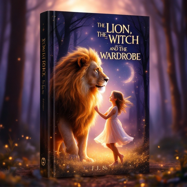 A glowing enchanted forest as the background with soft twilight hues of purple, blue, and gold. In the center, a majestic lion stands proud, his golden mane flowing against a faint breeze of magical sparkles. Beside him, a young girl, barefoot and in a flowing light dress, dances gracefully with joy, her hand lightly touching the lion's mane. To the right, a silhouetted outline of a wardrobe partially hidden among tall trees, hinting at mystery and fantasy. The lion and the girl are glowing softly, creating an ethereal vibe.