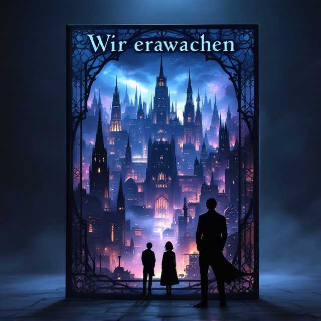 The cover features a somber and dark steampunk cityscape as the main backdrop. Silhouettes of intricate cathedrals, towers, arc-like bridges, and smokestacks rise out of a smoky haze. Stained glass elements frame the edges of the cover, gleaming faintly in muted violets and blues, as though lit by a dim, eerie glow. The silhouettes of three figures—a small man, a tall woman in a long flowing coat, and a tall man—stand in the foreground, their backs to the viewer, staring into the sprawling, glowing metropolis. Mist creeps around their feet, and shadows cast long shapes behind them. The sky above is dark, with faded highlights of violet and blue mirroring the stained glass pattern.
