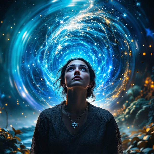 A young 25-year-old Jewish woman with a mix of astonishment and awe on her face is placed in the foreground. Dressed in modest attire, with hints of cultural symbolism like a Star of David necklace, she stands in front of an ethereal, glowing portal that's swirling with hues of iridescent blue and silver. The portal looks otherworldly, surrounded by faint tendrils of mist and translucent sparkles. In the background, a hint of the alternate world can be seen — a surreal, dreamlike landscape with bizarre plants and a glittering night sky filled with unfamiliar constellations.