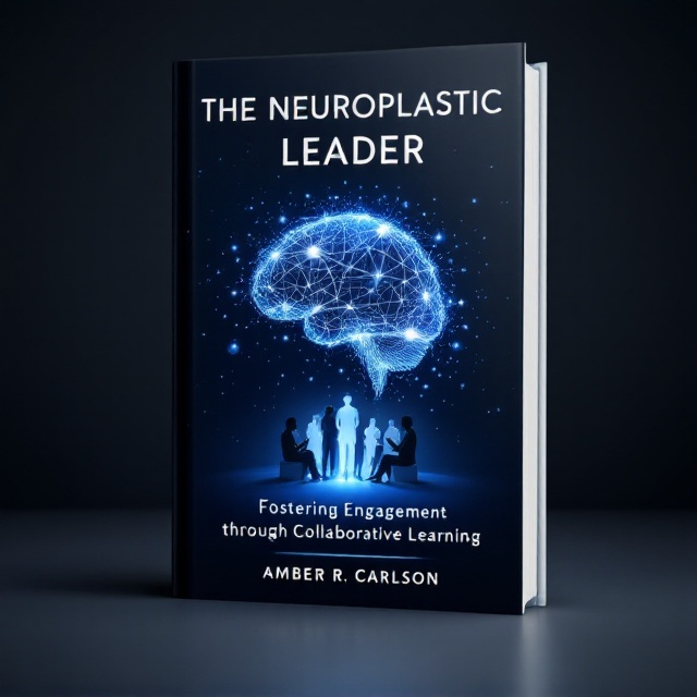 The cover features a sophisticated, minimalistic design with a visual of a glowing, interconnected neural network in the shape of a human brain at the center. Around the brain, silhouettes of diverse professionals are engaging in discussion and working collaboratively, symbolizing leadership, teamwork, and learning. A gradient dark blue background transitions into lighter shades towards the center, giving it depth and focus. Thin, elegant circular lines radiate outward from the brain to suggest the concept of growth, connection, and amplified thought.