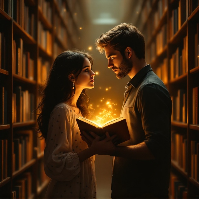 Two characters stand in the spotlight of warm, diffused library lighting. The background features towering wooden bookshelves stacked with books, fading into a soft bokeh effect. In the foreground, the clever, petite, dark-haired girl with brown eyes looks directly into the blue eyes of the tall, shy, muscular, light brown-haired boy. Both hold a book together, their hands lightly touching. There’s a slight glow around the book, symbolizing mystery. Subtle swirls of faint, ethereal mist embrace the couple, adding a layer of intrigue and sensuality. Shadows create depth and a sense of intimacy in their shared glance.