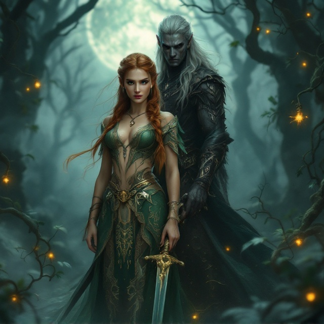 The cover shows a moonlit forest with a shadowy, misty background. In the foreground, the elven woman with chestnut hair braided into a braid stands confidently, wearing a green and gold intricately designed tunic. Beside her, a dark elven man with a piercing gaze and silvery hair contrasted by his dark skin is poised with his sword. Both characters have a faint, magical glow emanating from their swords, with subtle runes inscribed onto the blades. Twisting vines and glowing orbs of light subtly frame the edges of the cover. The atmosphere is mysterious, romantic, and thrilling, with greens dominating the palette, accented by silvers and soft light.