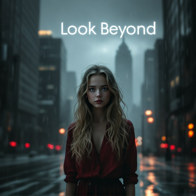 A dark, rain-soaked urban landscape dominates the background, with tall, shadowy skyscrapers fading into a gray mist. In the center, a striking 13-year-old girl with long, wavy blond hair stands, her modest red dress glowing faintly amidst the desolate atmosphere. The rain cascades around her, creating ripples and streaks that emphasize the somber mood. Her face, youthful and beautiful, has a melancholy yet determined expression, exuding a feeling of hope amidst the darkness. The sky above transitions from stormy gray to a faint glimmer of light at the edges, symbolizing the possibility of a brighter future.