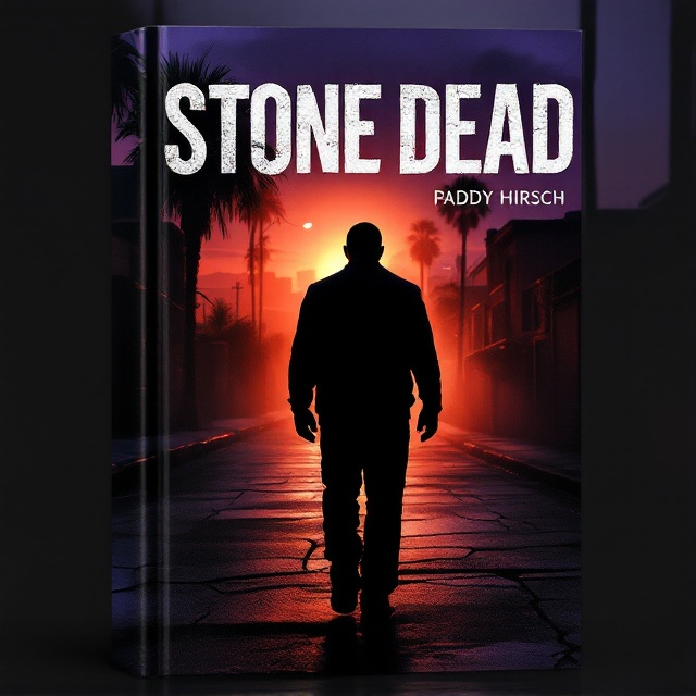 A twilight gradient sky transitions from dark purple to fiery orange across the top half of the cover, illustrating a smoggy Los Angeles sunset. A silhouette of a big, faceless, well-built man dominates the foreground, walking away down a dimly lit, cracked alley. Palm tree shadows line the sides of the alley, their trunks distorted and ominous under a faint streetlight glow. The backdrop portrays a partial, hazy Los Angeles city skyline. The atmosphere has a gritty, textured look, enhancing the sense of danger and suspense.