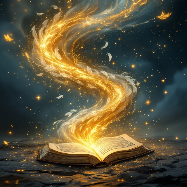 A swirling magical tornado occupies the center of the cover, forming a vortex filled with shimmering golden feathers and glittering threads of magic. The tornado is semi-transparent, and through it, the faint outline of an ancient spellbook lies on the ground, glowing faintly. The background fades from an ominous dark blue at the bottom (symbolizing fear and caged energy) to a radiant golden light at the top (symbolizing freedom). Tiny particles of glowing dust float around, adding a mystic touch. Around the edges, faint spell-like glyphs and runes are subtly etched into the air.