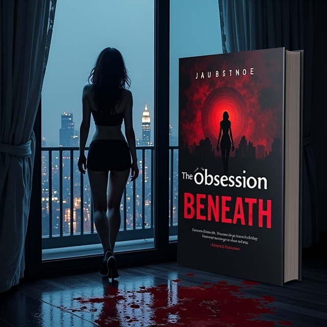 A chilling night scene with muted tones like dark blues, greys, and subtle crimson highlights. A woman stands on the edge of an opulent penthouse balcony with her back turned, her silhouette detailed and dramatic. Behind her, visible through the open glass door, lies the interior of the penthouse with a dim light casting long shadows. On the floor inside, there’s a striking pool of blood catching the dim light, creating a stark contrast against the polished wooden floor. The city skyline in the background enhances the penthouse's exclusivity and isolation.
