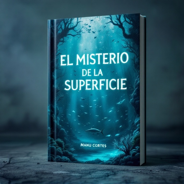 standing book mockup, Its title is "EL MISTERIO DE LA SUPERFICIE". Its author name is Manu Cortés.  The cover features an ethereal underwater scene bathed in bluish-green tones with soft, glowing bioluminescence emerging from the edges. A swarm of small, shimmering fish spirals upwards in the foreground, leading the viewer’s eyes toward the title, while a menacing barracuda glides ominously in the shadows near the bottom corner. Coral structures with intricate textures frame the left and right edges, resembling a fantastical, labyrinth-like environment. Subtle ripples of light from the surface cascade down, adding an air of mystery. The title, "EL MISTERIO DE LA SUPERFICIE," is written in an elegant yet somewhat jagged serif font, with subtle flourishes reminiscent of ocean currents. The font color is a glowing white with a faint gradient of soft turquoise to suggest shimmering water. The author’s name, "Manu Cortés," is in a clean, modern sans-serif font, positioned at the bottom center in smaller text, with a muted golden hue., The title dominates the mid-upper portion of the cover, centered and slightly curved to mimic the shape of a wave or ripple. The surrounding fish spiral naturally around the text. The author’s name sits on a solid, faintly translucent banner-like element, ensuring readability without detracting from the artwork. The coral and barracuda are asymmetrical but balanced to create visual intrigue without cluttering the design.