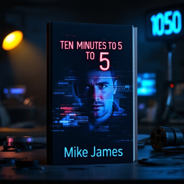 A dimly lit newsroom occupies the background, featuring a glowing clock showing "1050." In the foreground, there's a television monitor displaying fragmented, glitchy images of a man in mid-expression—partially obscured to reflect tension and intrigue. Scattered editing tools (like a tape reel, scissors, or screens) appear faintly, blending into the dark gradient of the background. A subtle gold spotlight shines from the corner, adding dramatic flair.