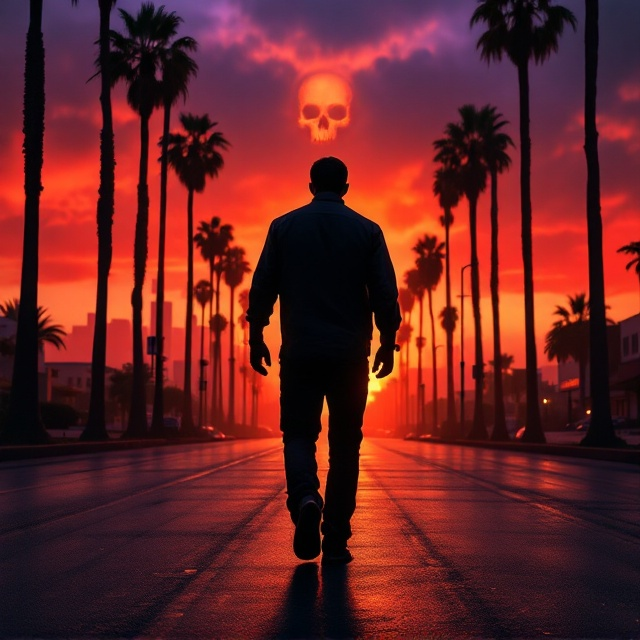 A rear-view silhouette of a man walking down the iconic street of Santa Monica. The street is lined with tall, slightly shadowy palm trees that lean inward, framing him. The time is sunset, and the sky bleeds from fiery orange to dusky purple tones, creating a haunting, bittersweet atmosphere. The pavement glistens slightly as if it had rained earlier, amplifying the mood of isolation and danger. The man is visibly tense, with his shoulders rigid, the wrinkles of his shirt marked, and his shadow elongated before him. The cityscape in the background is shadowed, visible just enough to hint at the man's perilous environment. A faint, almost ghostly outline of a skull is subtly incorporated into the clouds at the horizon to symbolize death and vengeance.