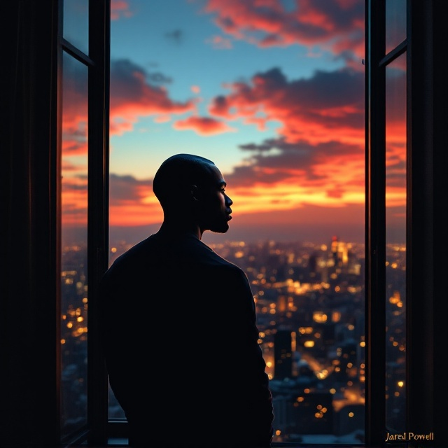 A bald Black man standing in profile, looking thoughtfully out of a window. He is silhouetted against a vibrant cityscape that transitions into a gradient sky of red, blue, and orange. The city lights softly glimmer while the clouds give a dreamy yet dynamic energy to the backdrop. The window frame subtly forms geometric shapes in black and gold. The author’s name, “Jared Powell,” is positioned at the bottom, accented in gold for elegance.
