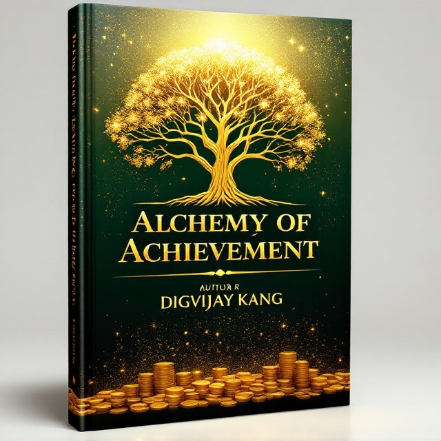 A golden tree with roots and branches spreading out like veins, symbolizing growth. Behind the tree, a gradient background transitions from deep emerald at the base (signifying wealth) to radiant gold at the top (signifying power and achievement). Subtle metallic textures and sparkling particles add depth and energy. Below the tree imagery is a subtle stack of coins, gradually fading out into the background.