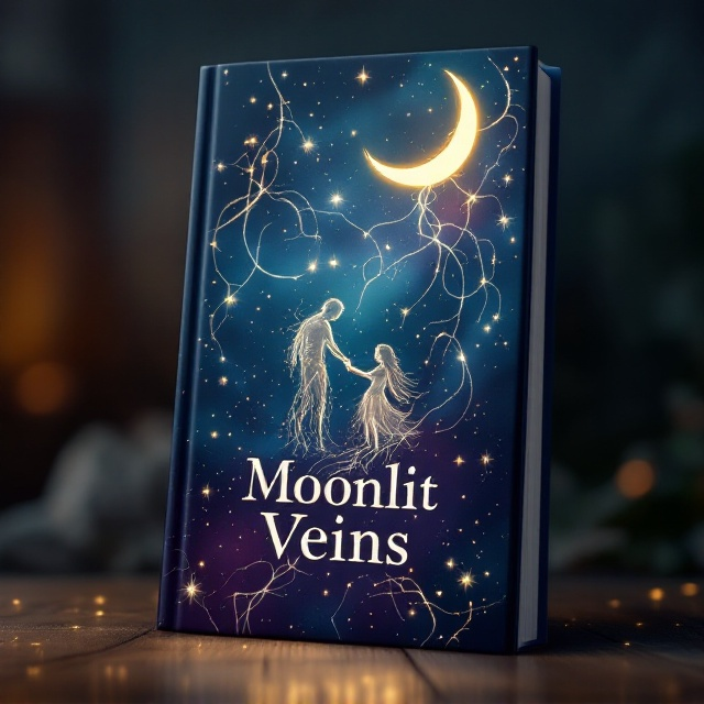A crescent moon glows softly at the top-right corner of the cover, with strings of silver veins and glowing, intertwining threads stretching downward into the deep night sky. These threads form faintly glowing shapes of two figures reaching out, almost touching hands, their expressions tender yet melancholic. The background is a wash of dark blues and purples, with scattered stars shimmering faintly. Subtle golden glows frame the edges of the illustration for an enchanted effect.