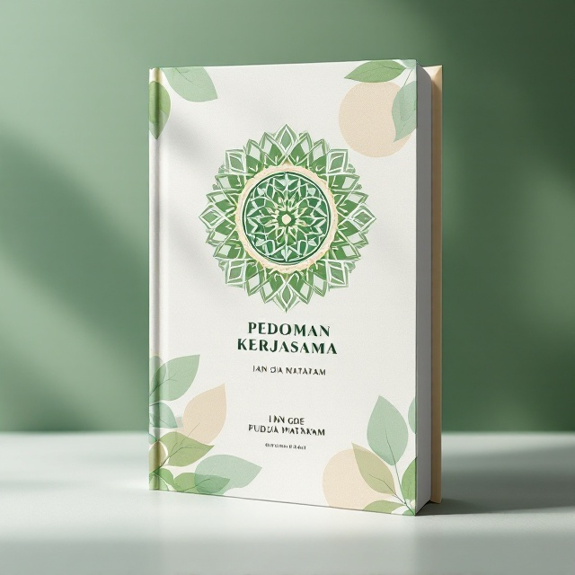 A central circular emblem inspired by Balinese or Mataram cultural motifs, highlighted with clean, modern green gradients that evoke growth and collaboration. The background features subtle, overlapping abstract patterns of leaves and geometric forms to reinforce themes of harmony and structure.