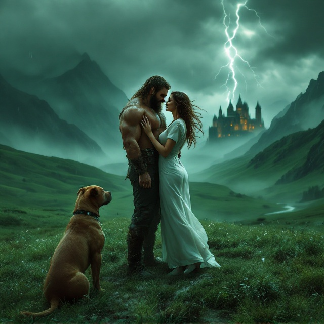 A dramatic depiction of a couple in a passionate embrace on top of a wind-swept hill. The man, rugged and Viking-like, stands powerfully, pulling the woman dressed provocatively in a wet, white nurse uniform close to him. Her hair flows in the wind, while raindrops and stormy clouds add intensity to the background. Surrounding them, a green, rain-soaked field sprawls toward dark, looming mountains in the distance. Two dogs, a labrador and a pitbull, stand vigilantly on either side of the couple, their postures protective. A historic, mist-shrouded castle lurks in the distance against the backdrop of a lightning-streaked sky, completing the composition with a sense of both danger and romance. The cover looks glossy and charged with energy.