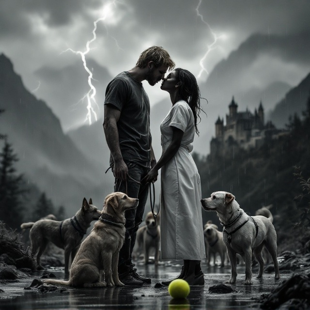 A dramatic grayscale composition showing a mountain scene with a castle faintly visible in the hazy background. The tall blonde-haired dog walker, wearing a casual, slightly rain-soaked t-shirt and jeans, holds a leash attached to a Labrador. Facing him is the black female nurse, dressed in a rain-drenched white nurse uniform that clings to her form, conveying worry and passion. They are locked in a passionate embrace, lips almost touching, under the pouring rain. Sweat and rain create a wet sheen on their skin. Surrounding them is a group of dogs looking attentively toward the couple, and a tennis ball lies half-submerged in a puddle at their feet. The stormy sky above is dark and intense, with lightning streaks breaking through the clouds, emphasizing the drama and mood of the scene.