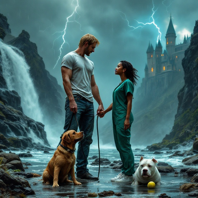 A chaotic yet visually captivating stormy mountain scene takes center stage. The tall blonde-haired dog walker stands slightly off-center in the foreground, confidently gripping the leash attached to the brown Labrador. His drenched t-shirt and jeans cling to his form, subtly showcasing his muscular physique. Beside him, the black female nurse stands in green scrubs, gripping his outstretched hand with tension and passion. Her hair flies wildly in the hurricane-strength winds, and water streams down her expressive, fear-stricken face. A white pitbull sits calmly next to them, its focused gaze aimed at the couple, while a tennis ball lies submerged in a puddle near their feet. To the left, the raging waterfall adds a restless energy, while in the distant hazy background, the castle burns brightly against the dark storm clouds. Lightning streaks slash through the sky, adding a dramatic glow, while the cascading rain and windy atmosphere almost leap off the cover.