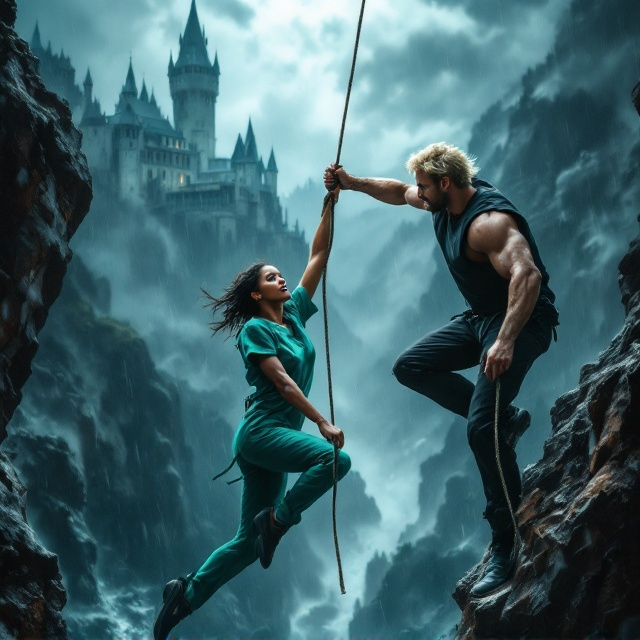 A stormy, adrenaline-pumping scene dominates the cover. At the center top, a picturesque medieval castle looms in the background, faintly visible through heavy rain and swirling storm clouds. The main visual focus is a black female nurse in form-fitting green scrubs, her face raw with determination and fear, hanging onto a frayed rope with one hand. Below her is a chasm with jagged rocks, emphasized to induce vertigo. Grasping her wrist with a tight grip from above is a muscular white man with a clean-shaven face, blonde hair whipping in the wind, wearing black trousers and a sleeveless black T-shirt, his body visibly straining to hoist her up. The rope runs diagonally across the cover, adding dynamic tension. The lighting feels dramatic—highlighting their faces and hands while the rest is engulfed in dark, rainy tones.