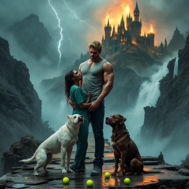 At the forefront of the cover, the tall, slim, muscular male with blonde hair in a sleeveless tee and dark jeans is depicted holding the sexy, buxom black nurse in green scrubs, her head tilted back, a mix of fear and passion in her expression. The scene rests on a crumbling bridge mid-collapse, with jagged cracks and missing sections. Surrounding their feet stand a white slim pitbull and a chocolate lab, their ears perked and stances protective. In the background, a huge stone castle looms on a volcanic mountain, its turrets engulfed in flames, with lightning streaking through a dark stormy sky. Thick rain and wind whip around the characters, creating a chaotic yet dynamic effect. A roaring waterfall cascades in the far background, with rolling mist adding depth to the drama. Tennis balls are scattered across the scene, subtly placed near the dogs to capture the theme's quirkiness.