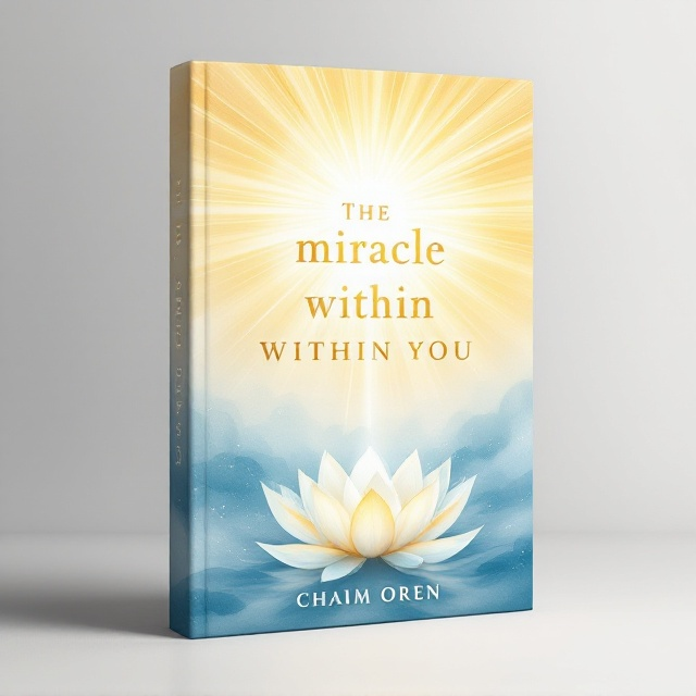 A radiant golden sunburst emanating from the center of the cover, with soft watercolor-like gradients of blue transitioning to white, symbolizing spiritual awakening and self-belief. The sunburst is overlaid on a subtle, semi-transparent lotus flower, emblematic of inner peace and personal growth. Delicate rays stretch outward toward the edges, evoking an uplifting and transcendental feeling.
