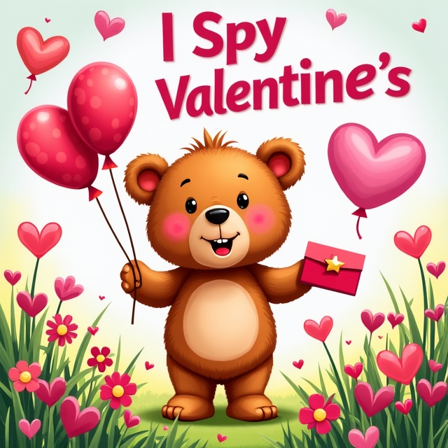 A cheerful Teddy bear, with a festive smile, is centered on the cover, holding a bouquet of heart-shaped balloons in one paw and a card in the other, surrounded by pastel-colored Valentine’s objects such as hearts, flowers, gifts, and envelopes. The background depicts a lively garden setting with scattered Valentine-themed items hidden among the grass and bushes, hinting at the “I Spy” activity. A magnifying glass frames one object on the page, creating a sense of discovery and adventure. Complementary pastel shades of green and yellow add warmth and balance to the pink, red, and white Valentine tones.
