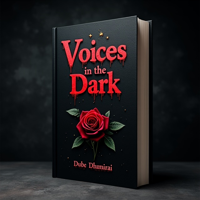 A textured black background envelops the cover, giving an immersive feeling of depth and mystery. Three small, sparkling stars are clustered in the top left corner, glowing faintly to establish a subtle celestial presence. Positioned in the bottom right is a solitary dark rose detailed with thorns, its velvety petals intricately rendered to exude sadness and allure. The title "Voices in the Dark" is written across the top in bold, dripping bloody-red letters, evoking a sense of pain and poignancy. Below and near the rose, "Dube Dhumirai" is presented in an elegant yet restrained font to balance the composition.