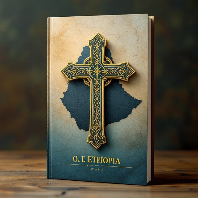 A large Ethiopian Orthodox-style cross with intricate patterns is centered on the cover. The cross appears to emerge from a semi-transparent map of Ethiopia, symbolizing religion's intertwining influence with politics. The background is textured with subtle parchment-like details, evoking a sense of historical depth. A gradient transition from muted earth tones (sand, clay, and gold) to soft blues creates a grounding, yet hopeful atmosphere.