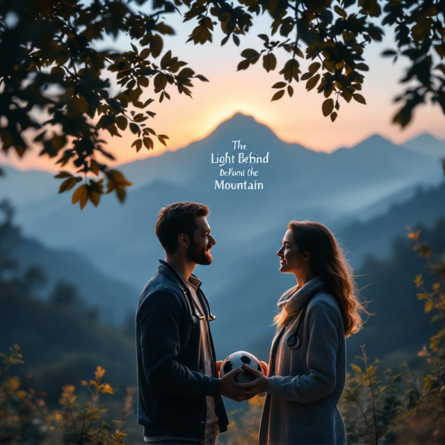 A serene, glowing mountain backdrop at twilight consumes the upper third of the frame, with soft baby blue tones dominating the sky. In the foreground, a man and a woman stand facing each other beneath a canopy of light foliage, suggesting comfort and intimacy. The woman holds a handball in her right hand while the man wears a medical stethoscope draped around his neck. Their loving expressions and hand gestures indicate a meaningful discussion. The scene is bathed in a warm, diffused light that conveys coziness and affection.