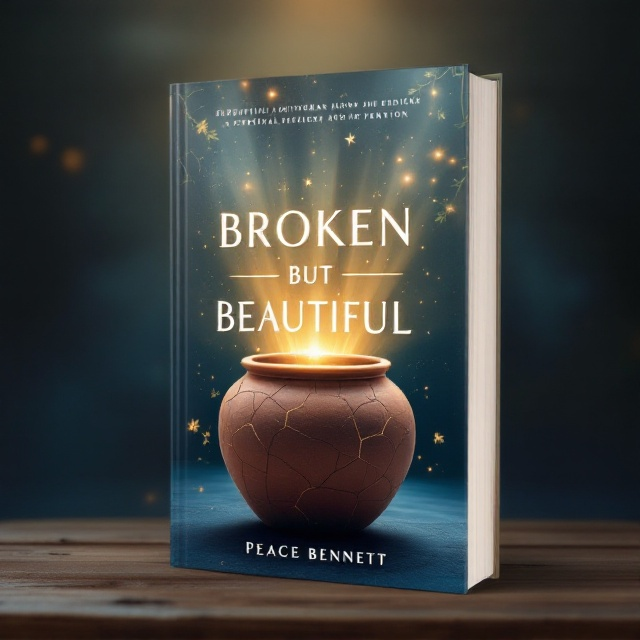 A cracked but glowing terracotta pot sits as the central focus against a soft gradient background shifting from deep indigo to warm golden hues, symbolizing spiritual transformation. Delicate beams of light softly emerge from the pot's cracks to depict beauty and hope emerging from brokenness. Subtle floral vines lace the edges of the design, adding a gentle touch of nature and renewal.